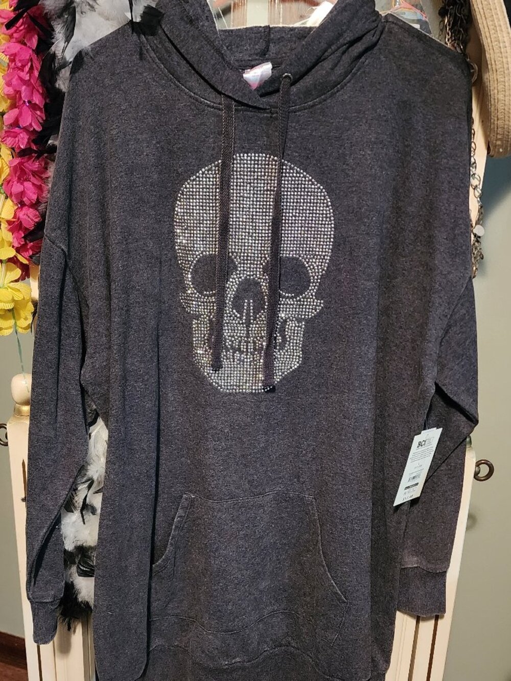 Long gray tunic hoodie # skull